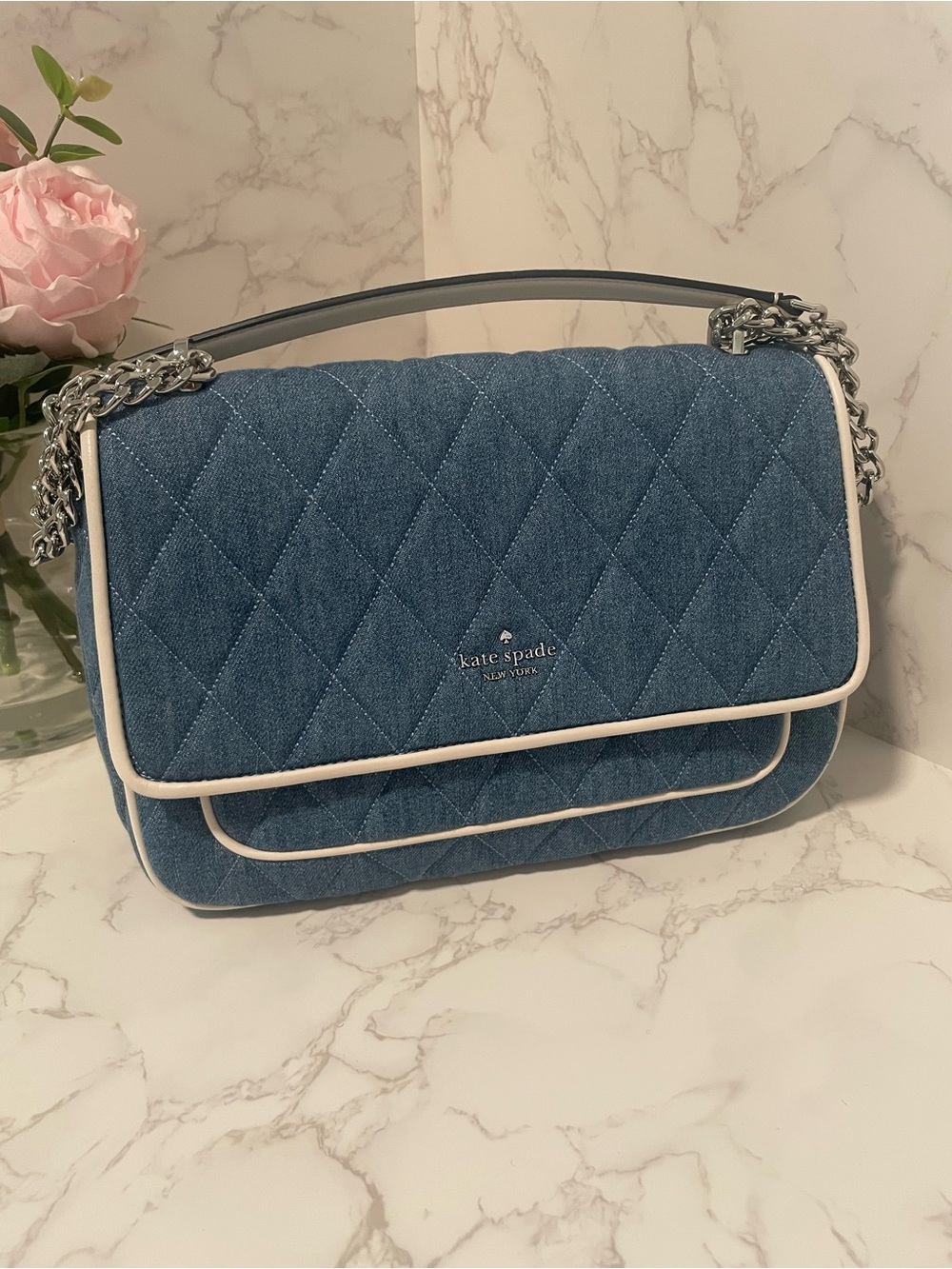 Kate Spade Carey Quilted Denim Medium Flap Shoulder/Crossbody Bag – Blue Multi - Picture 7 of 10